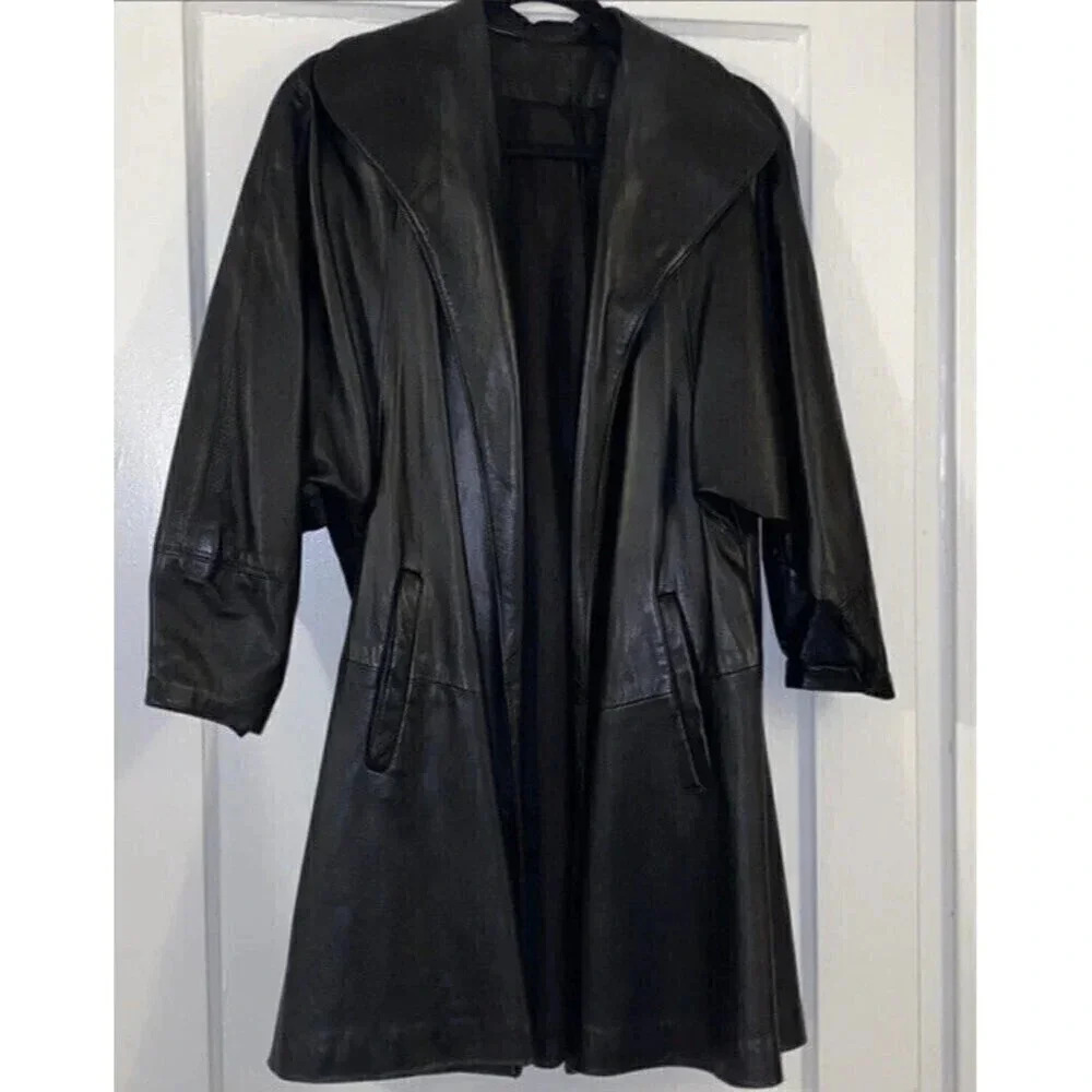 Vintage 100% genuine leather open front trench Made In USA Size Xs Dolman Sleeve
